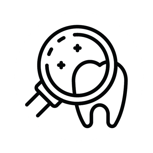 An icon with a tooth and magnifying glass